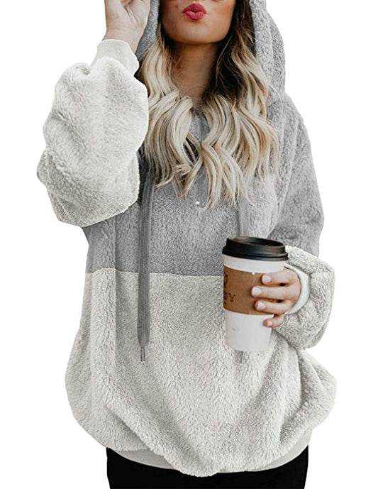 Women's Casual Zipper Patchwork Hooded Sweatshirt Autumn Winter Hooded Warm Loose Tops - PratSN