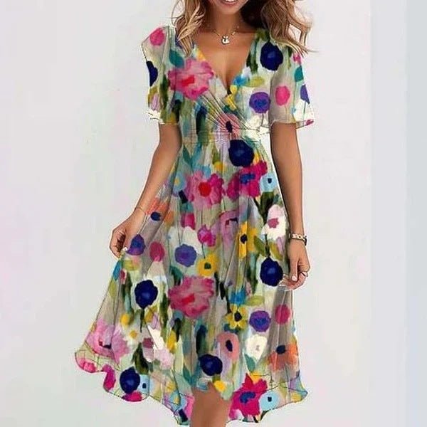 Women's Clothing: Chiffon Printed Short Sleeve Dress, Summer, Elegant V - neck Dresses - PratSN