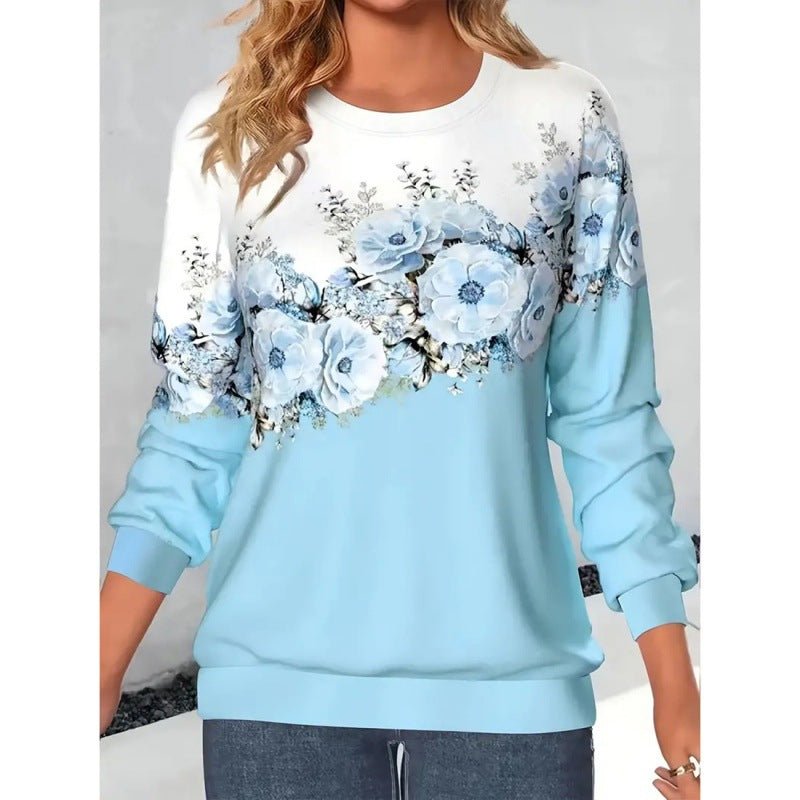 Women's Clothing Round Neck Long Sleeve Flower 3D Printed Pullover Sweatshirt - PratSN
