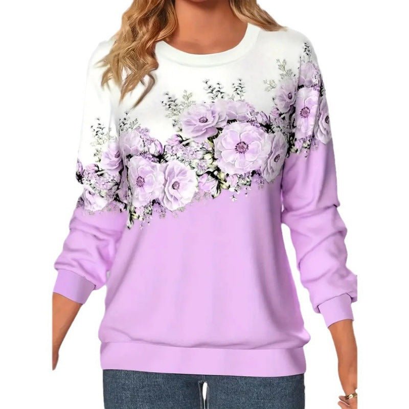 Women's Clothing Round Neck Long Sleeve Flower 3D Printed Pullover Sweatshirt - PratSN