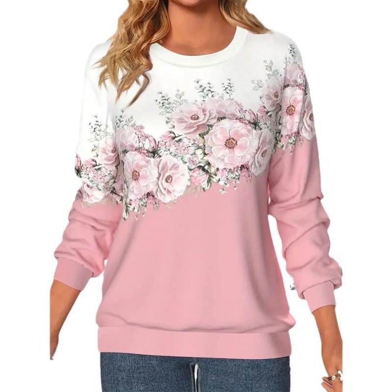 Women's Clothing Round Neck Long Sleeve Flower 3D Printed Pullover Sweatshirt - PratSN