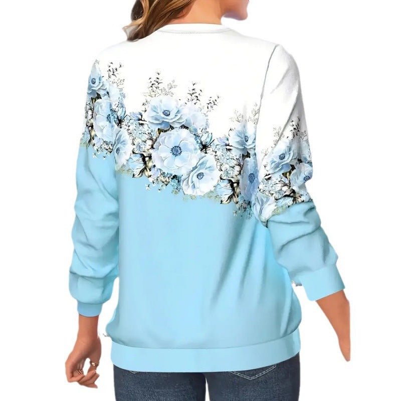 Women's Clothing Round Neck Long Sleeve Flower 3D Printed Pullover Sweatshirt - PratSN