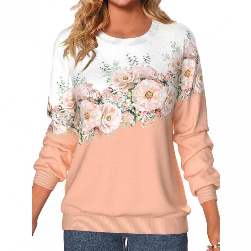 Women's Clothing Round Neck Long Sleeve Flower 3D Printed Pullover Sweatshirt - PratSN