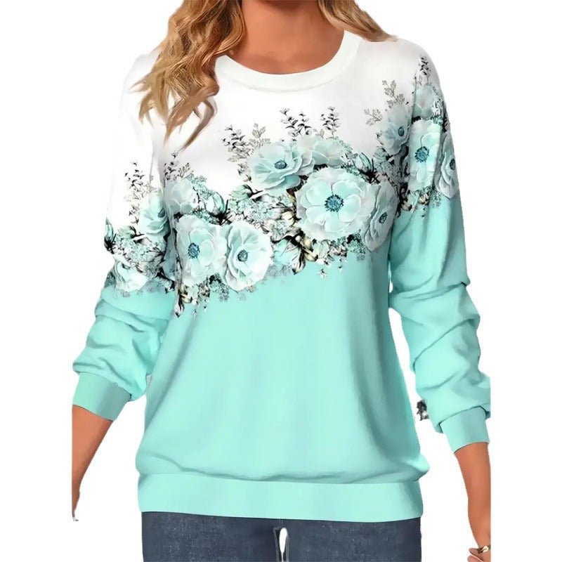 Women's Clothing Round Neck Long Sleeve Flower 3D Printed Pullover Sweatshirt - PratSN