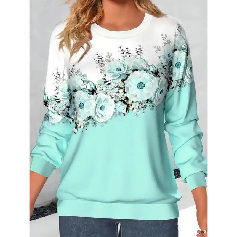 Women's Clothing Round Neck Long Sleeve Flower 3D Printed Pullover Sweatshirt - PratSN