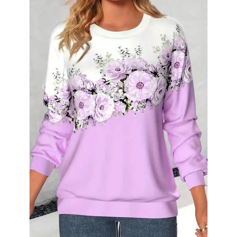 Women's Clothing Round Neck Long Sleeve Flower 3D Printed Pullover Sweatshirt - PratSN