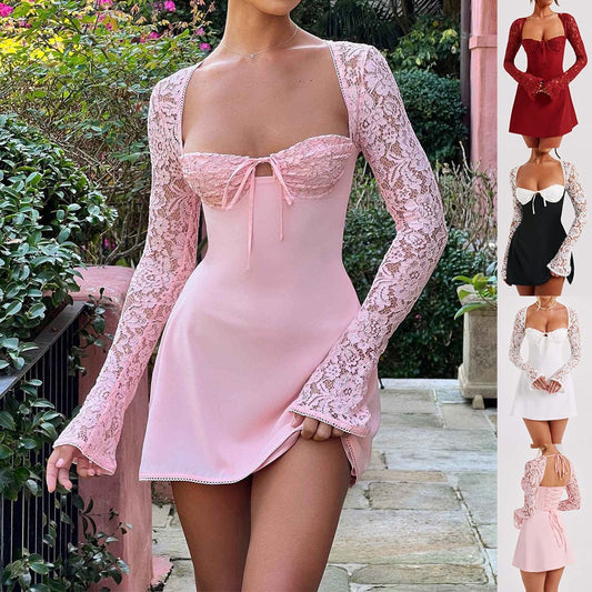 Women's ClothingY2K Lace Long Sleeve Dress Fashion Sexy Corset Backless Lace Up Short Dresses - PratSN