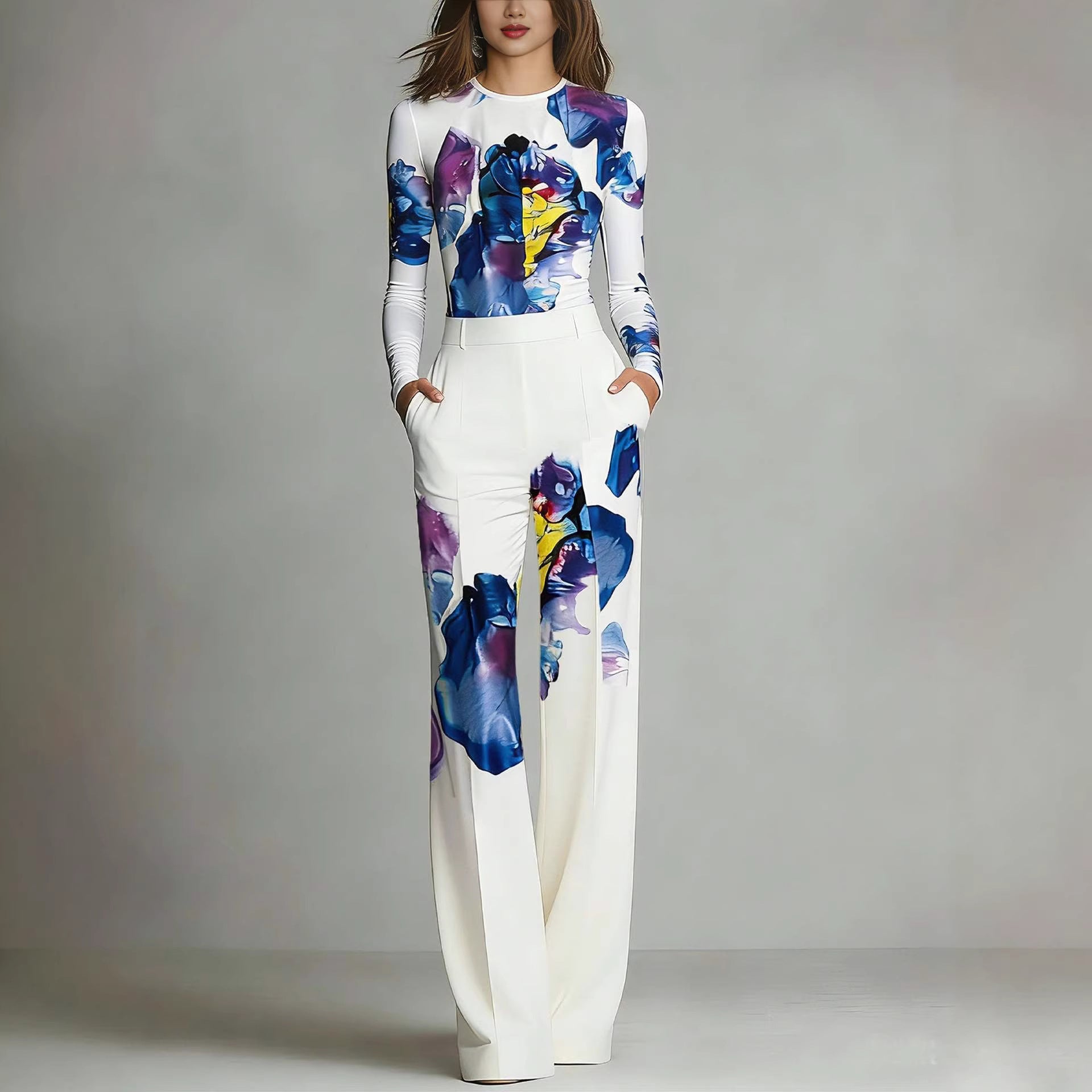 Women's Comfortable Form - Fitting Top Wide - Leg Printed Pants Set - PratSN