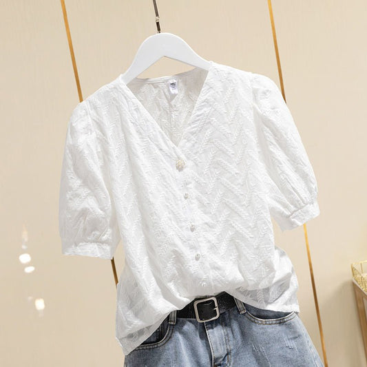 Women's Cotton Embroidered Puff Sleeve Shirt Tops - PratSN