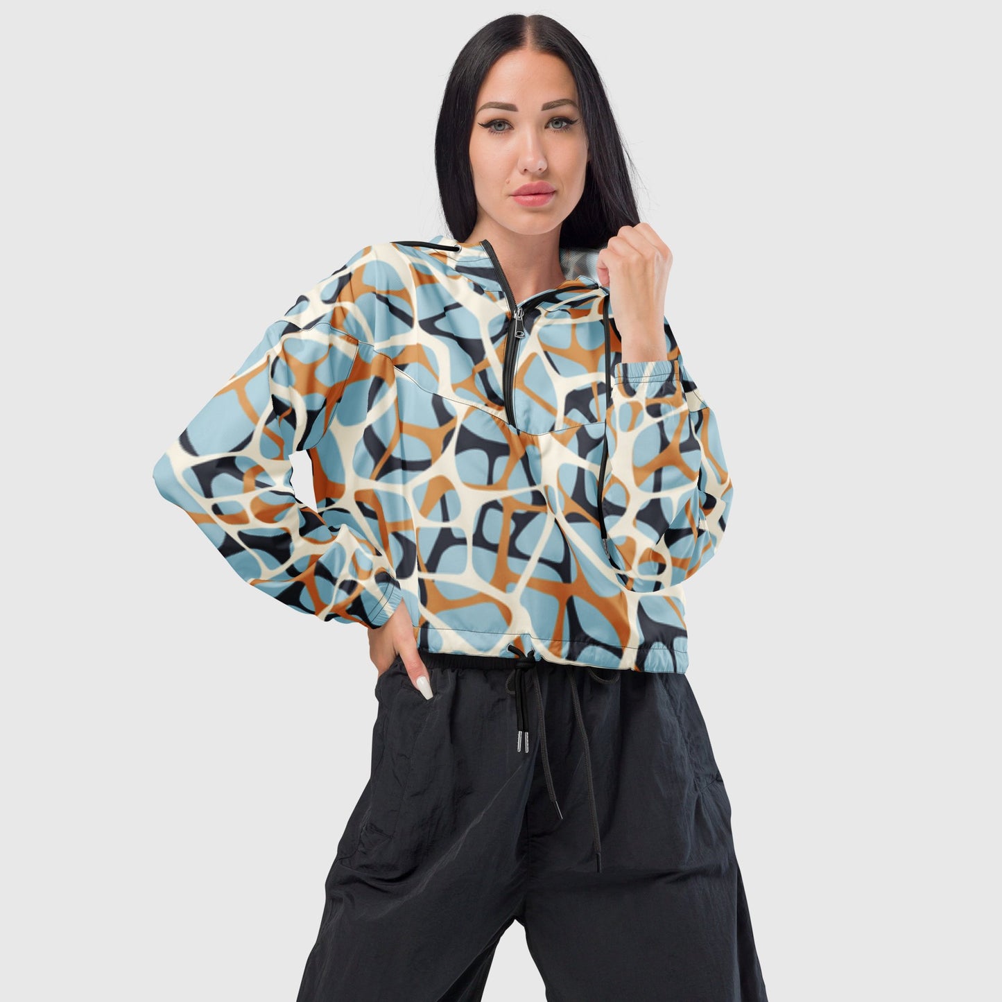 Women’s cropped windbreaker, Multicolor windbreaker, celeste - white - orange color windbreaker, Geometric pattern windbreaker, Street dress - PratSN