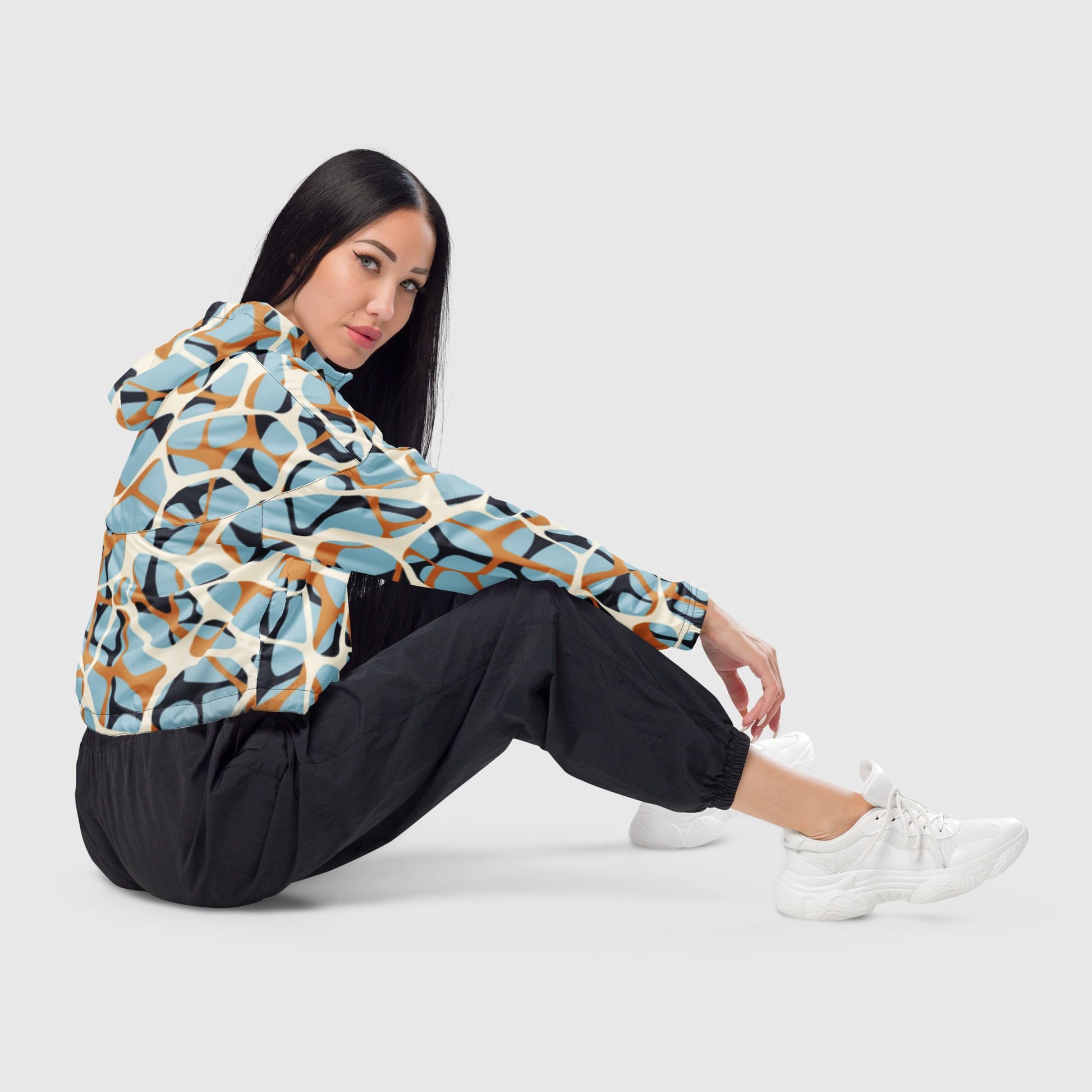 Women’s cropped windbreaker, Multicolor windbreaker, celeste - white - orange color windbreaker, Geometric pattern windbreaker, Street dress - PratSN