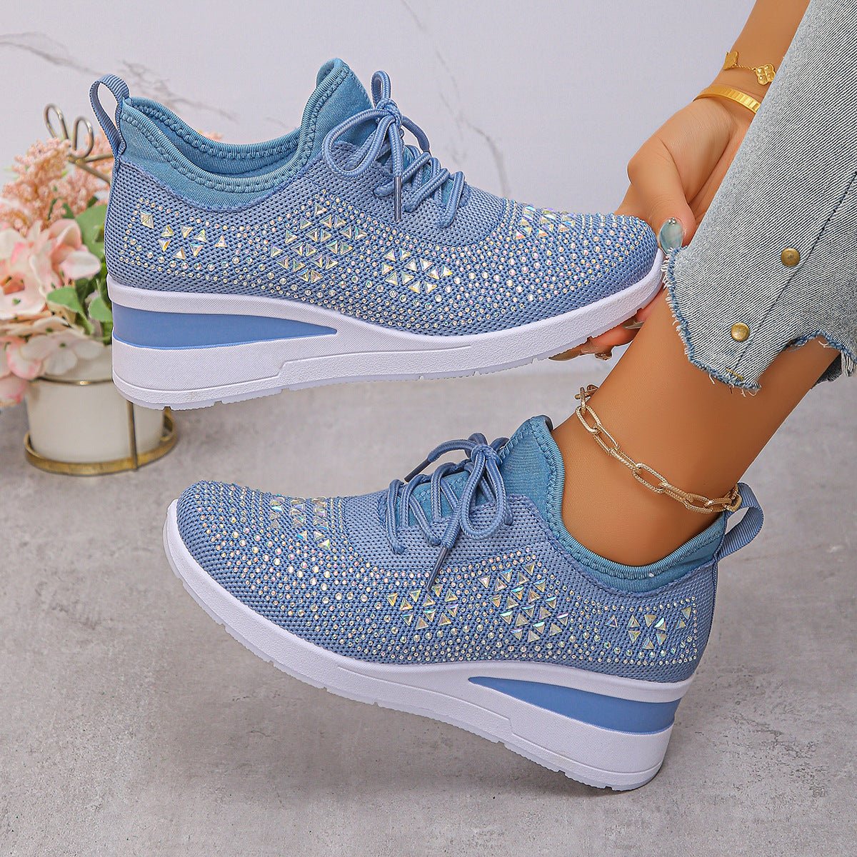 Women's Daily Commuting Sports Shoes Ins Rhinestone Sneakers Fashion Lace Up Wedges Casual Shoes - PratSN