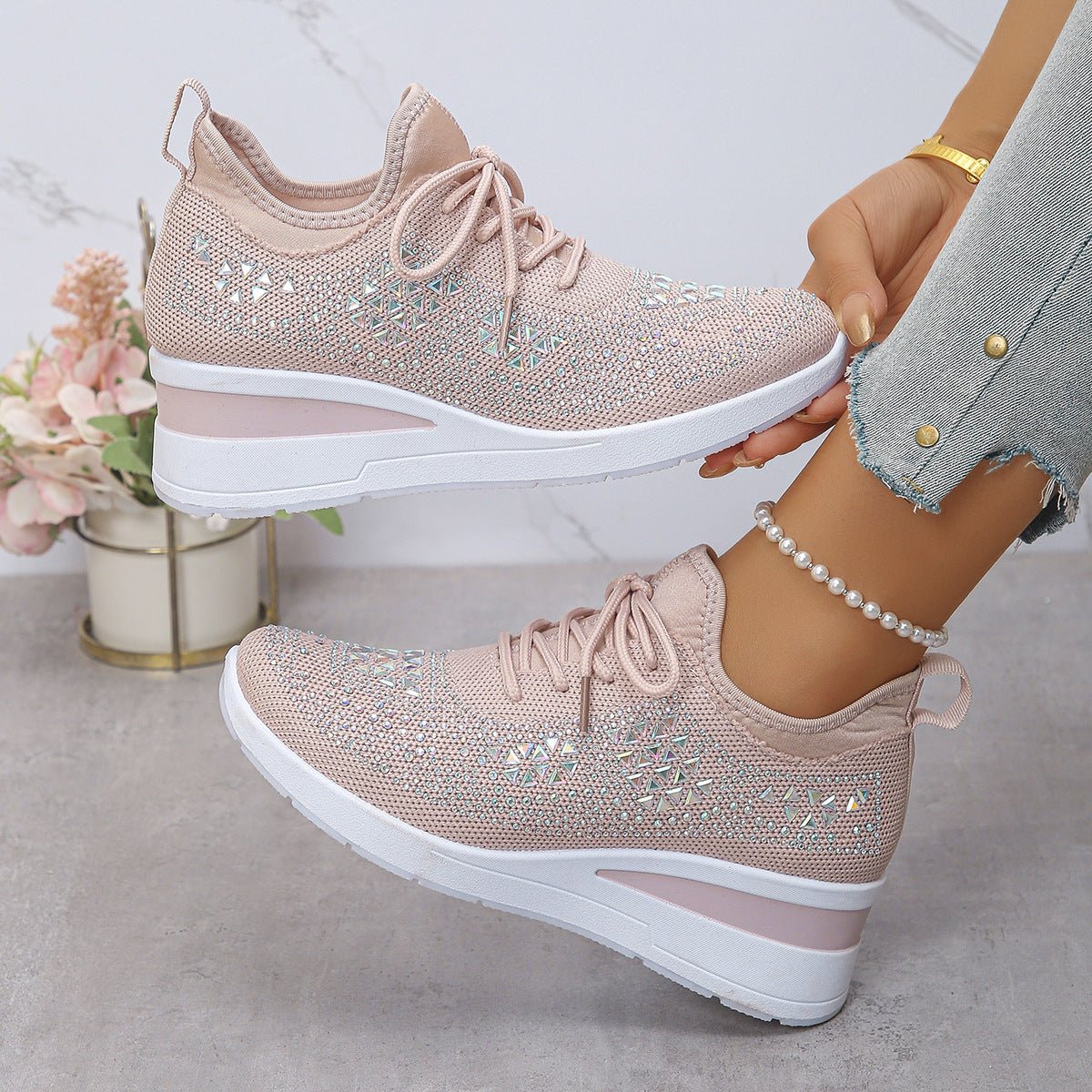 Women's Daily Commuting Sports Shoes Ins Rhinestone Sneakers Fashion Lace Up Wedges Casual Shoes - PratSN
