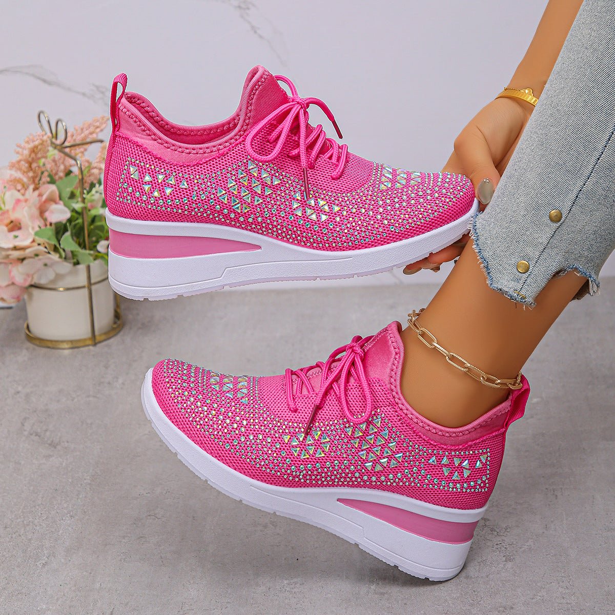 Women's Daily Commuting Sports Shoes Ins Rhinestone Sneakers Fashion Lace Up Wedges Casual Shoes - PratSN
