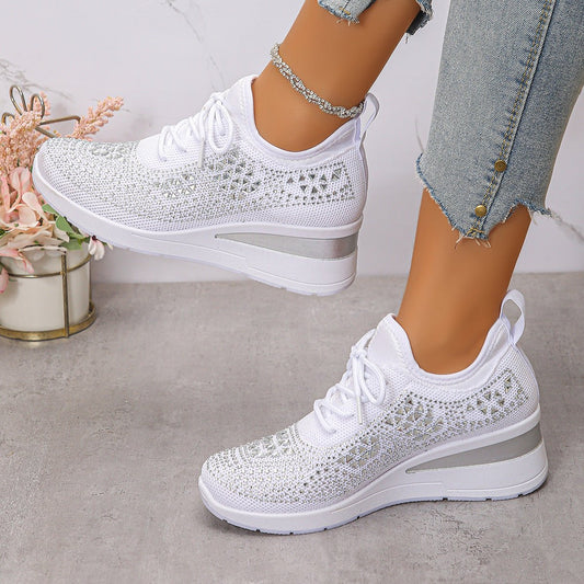 Women's Daily Commuting Sports Shoes Ins Rhinestone Sneakers Fashion Lace Up Wedges Casual Shoes - PratSN