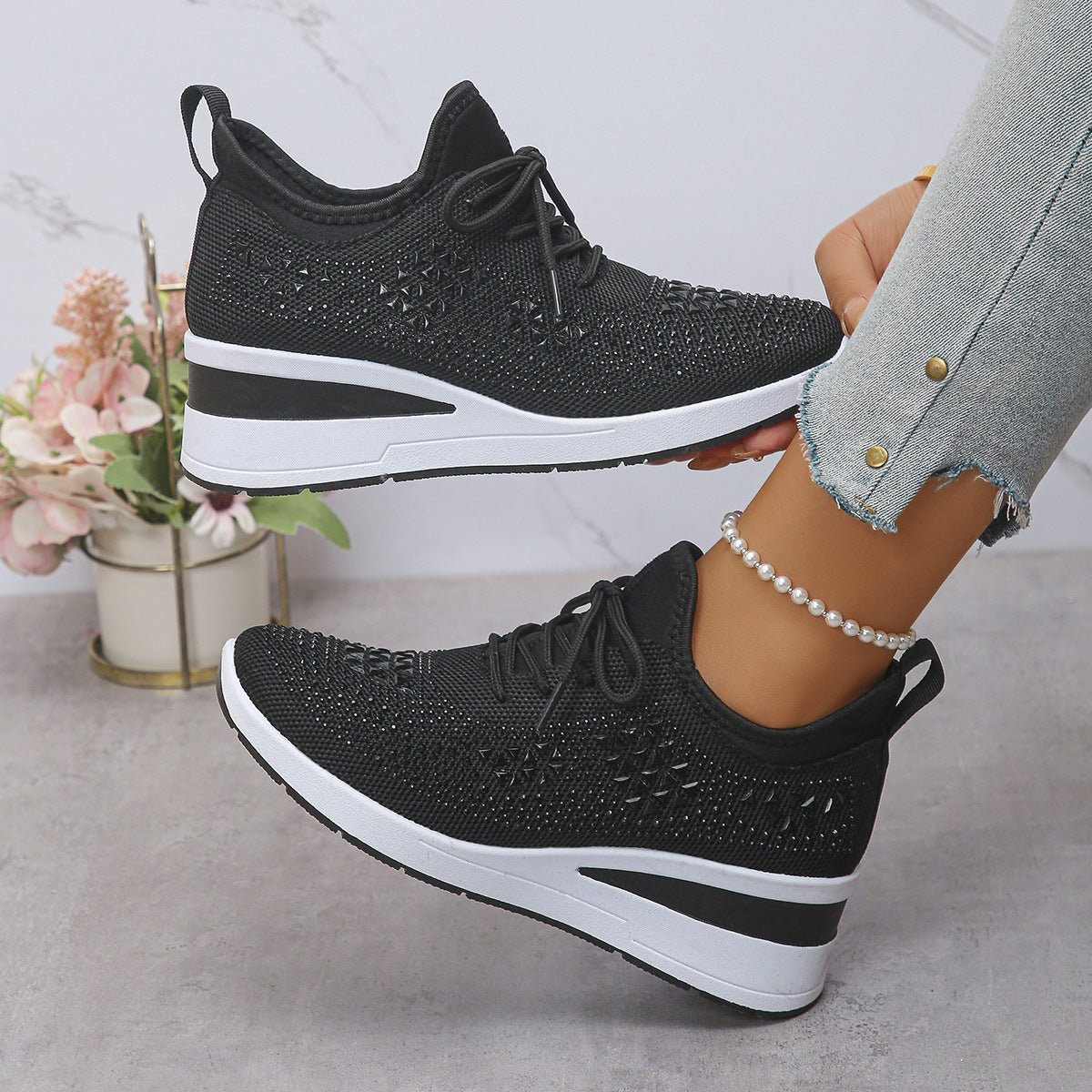 Women's Daily Commuting Sports Shoes Ins Rhinestone Sneakers Fashion Lace Up Wedges Casual Shoes - PratSN
