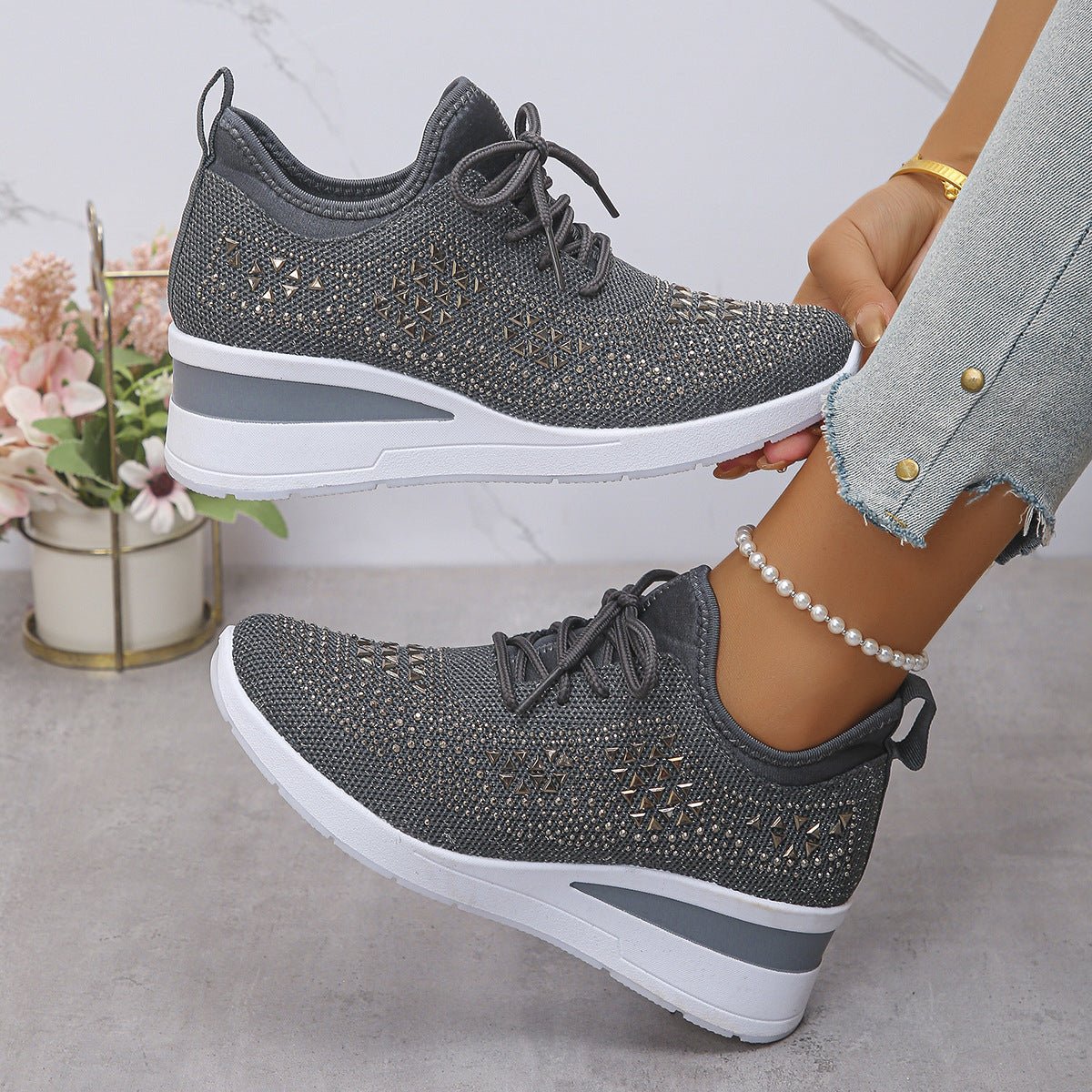 Women's Daily Commuting Sports Shoes Ins Rhinestone Sneakers Fashion Lace Up Wedges Casual Shoes - PratSN