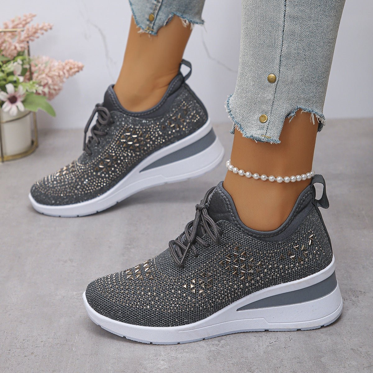 Women's Daily Commuting Sports Shoes Ins Rhinestone Sneakers Fashion Lace Up Wedges Casual Shoes - PratSN