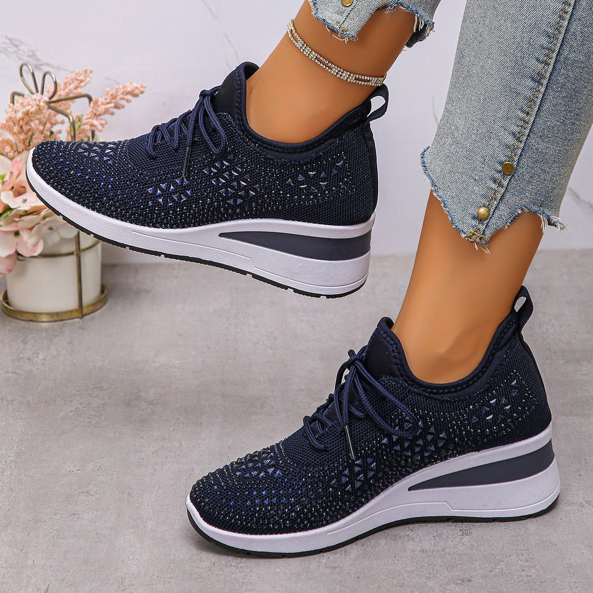 Women's Daily Commuting Sports Shoes Ins Rhinestone Sneakers Fashion Lace Up Wedges Casual Shoes - PratSN