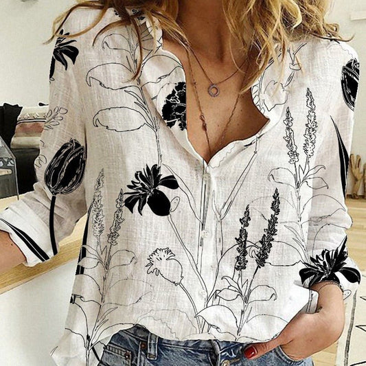 Women's Digital Printing Lapel Long Sleeve Shirt - PratSN