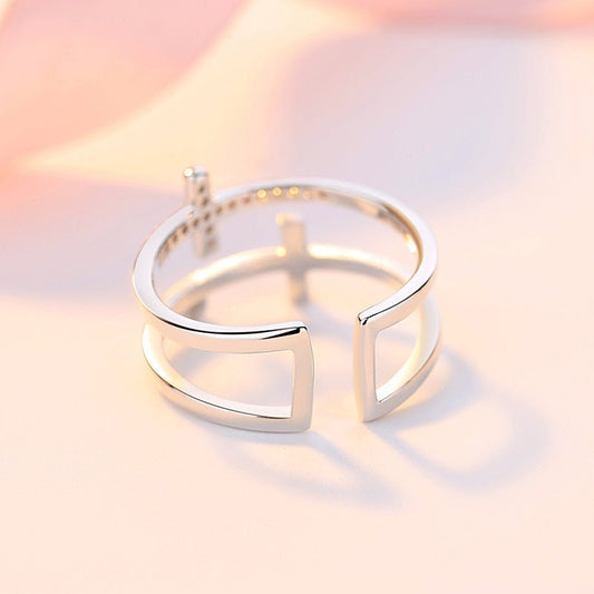 Women's Double Cross Miniature Copper Inlaid Zircon Ring - PratSN
