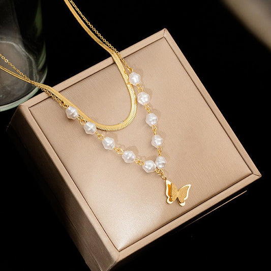 Women's Double Layer Twin Pearl Necklace Hip Hop Butterfly - PratSN