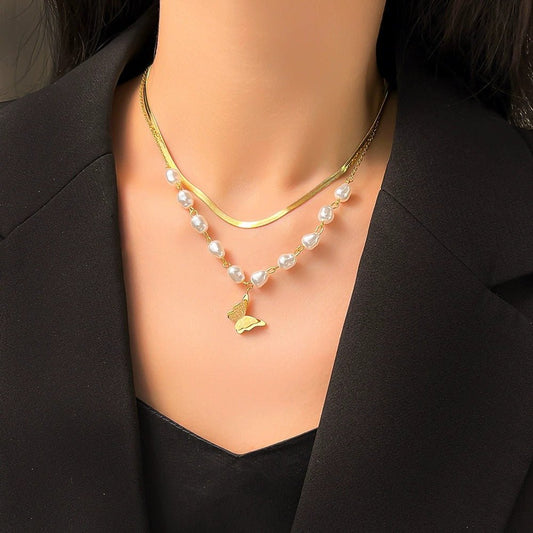 Women's Double Layer Twin Pearl Necklace Hip Hop Butterfly - PratSN