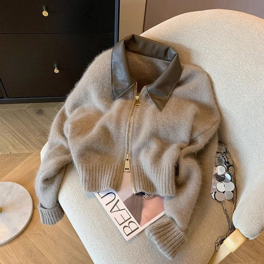 Women's Double Zipper Short Sweater With Leather Collar - PratSN