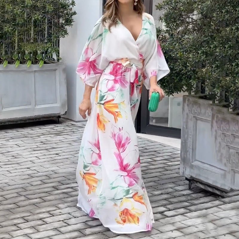 Women's Dress Batwing Sleeve Lace Printing Loose - PratSN