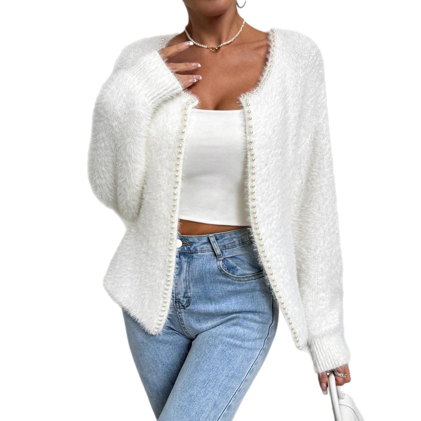 Women's Elegant Cardigan Sweater Solid Color And V - neck Fashion Bead Knitwear Coat - PratSN
