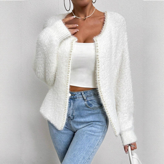 Women's Elegant Cardigan Sweater Solid Color And V - neck Fashion Bead Knitwear Coat - PratSN