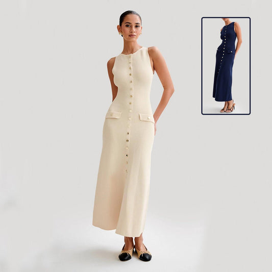 Women's Elegant Knitted Sleeveless Dress Slim Round Neck Long Dresses - PratSN