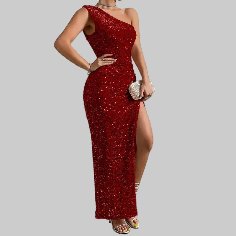 Women's Elegant Sequined Shoulder Split Solid Color Dress Slim Club Party Dress Casual Asymmetric Sleeveless Long Dress - PratSN