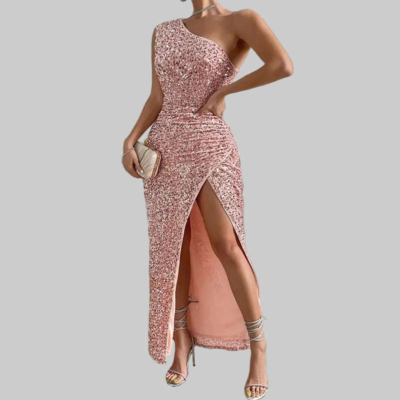 Women's Elegant Sequined Shoulder Split Solid Color Dress Slim Club Party Dress Casual Asymmetric Sleeveless Long Dress - PratSN