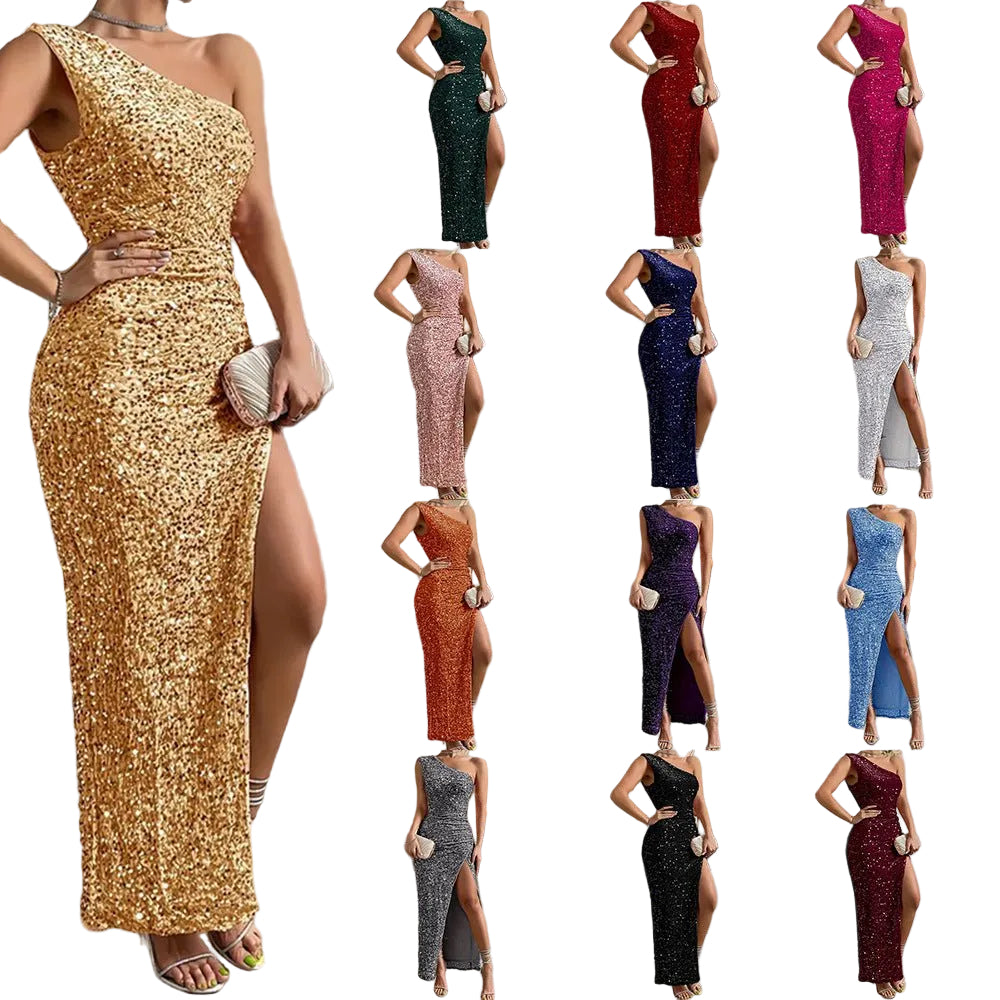 Women's Elegant Sequined Shoulder Split Solid Color Dress Slim Club Party Dress Casual Asymmetric Sleeveless Long Dress - PratSN