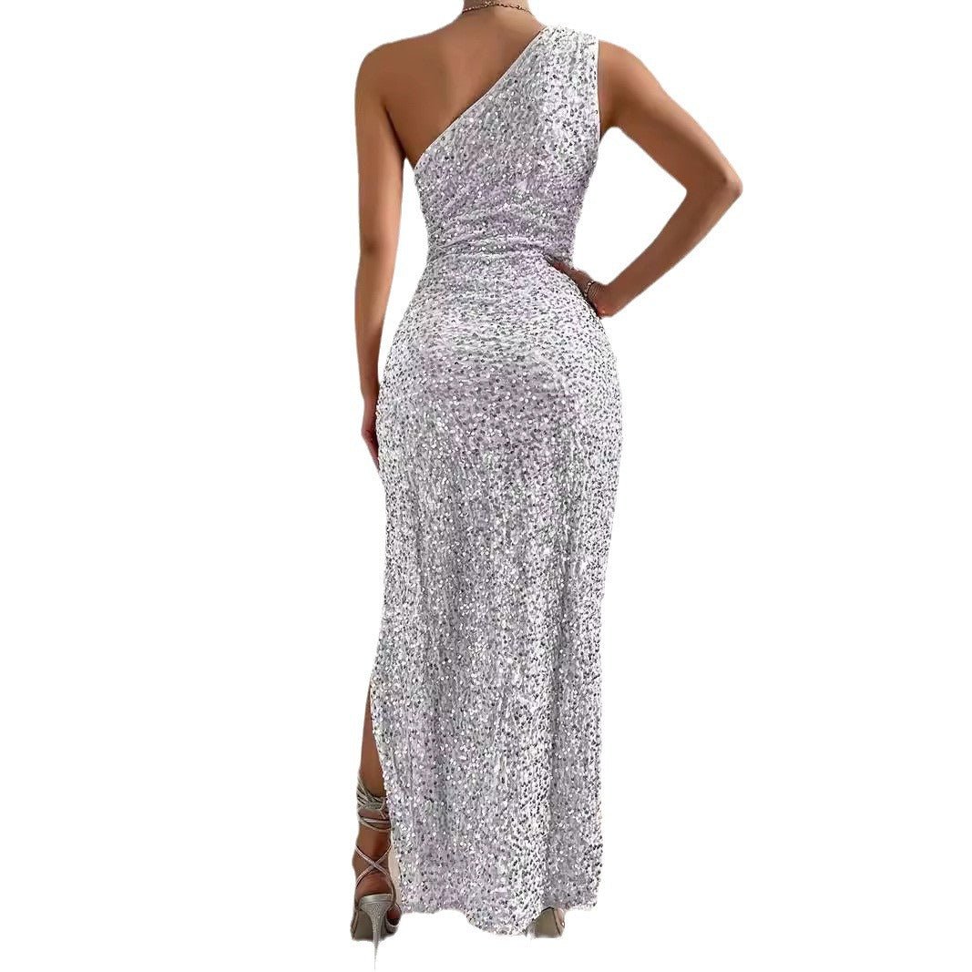Women's Elegant Sequined Shoulder Split Solid Color Dress Slim Club Party Dress Casual Asymmetric Sleeveless Long Dress - PratSN