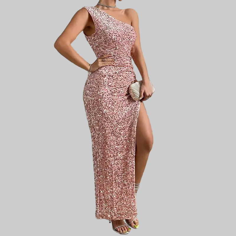 Women's Elegant Sequined Shoulder Split Solid Color Dress Slim Club Party Dress Casual Asymmetric Sleeveless Long Dress - PratSN