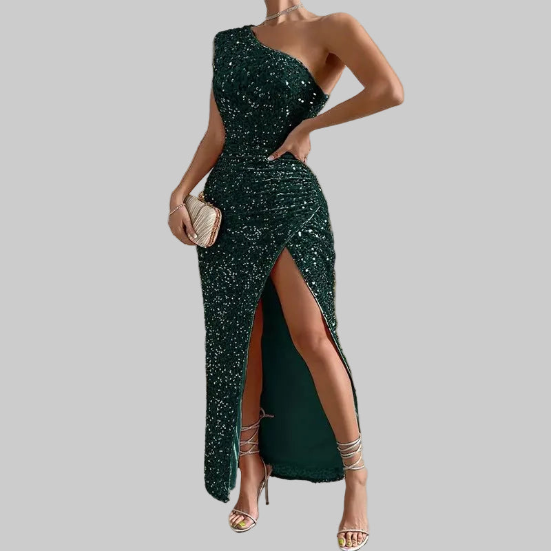 Women's Elegant Sequined Shoulder Split Solid Color Dress Slim Club Party Dress Casual Asymmetric Sleeveless Long Dress - PratSN