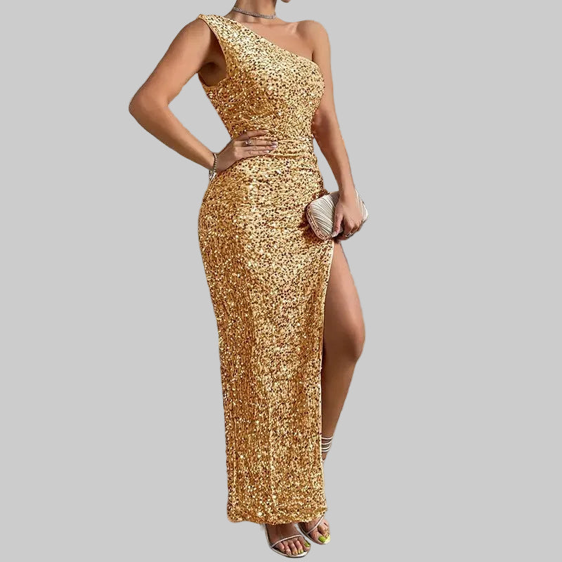 Women's Elegant Sequined Shoulder Split Solid Color Dress Slim Club Party Dress Casual Asymmetric Sleeveless Long Dress - PratSN