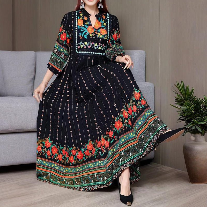 Women's Ethnic Style V - Neck Long Sleeve Dress - Embroidered Floral Pattern A - Line Maxi Dress With Printed - PratSN
