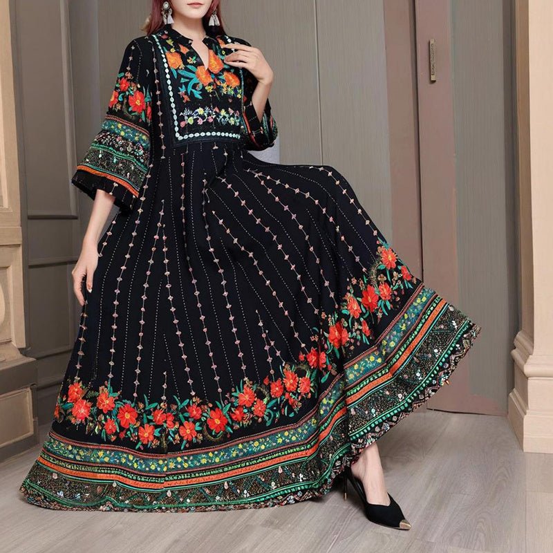 Women's Ethnic Style V - Neck Long Sleeve Dress - Embroidered Floral Pattern A - Line Maxi Dress With Printed - PratSN