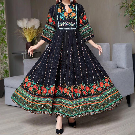 Women's Ethnic Style V - Neck Long Sleeve Dress - Embroidered Floral Pattern A - Line Maxi Dress With Printed - PratSN
