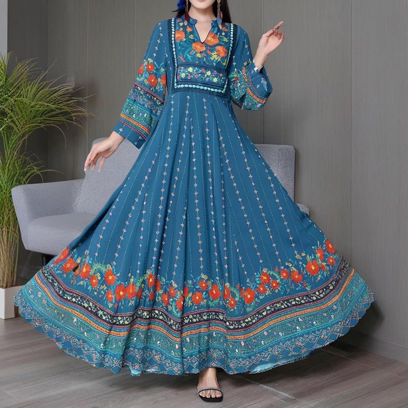 Women's Ethnic Style V - Neck Long Sleeve Dress - Embroidered Floral Pattern A - Line Maxi Dress With Printed - PratSN