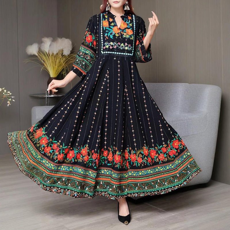 Women's Ethnic Style V - Neck Long Sleeve Dress - Embroidered Floral Pattern A - Line Maxi Dress With Printed - PratSN