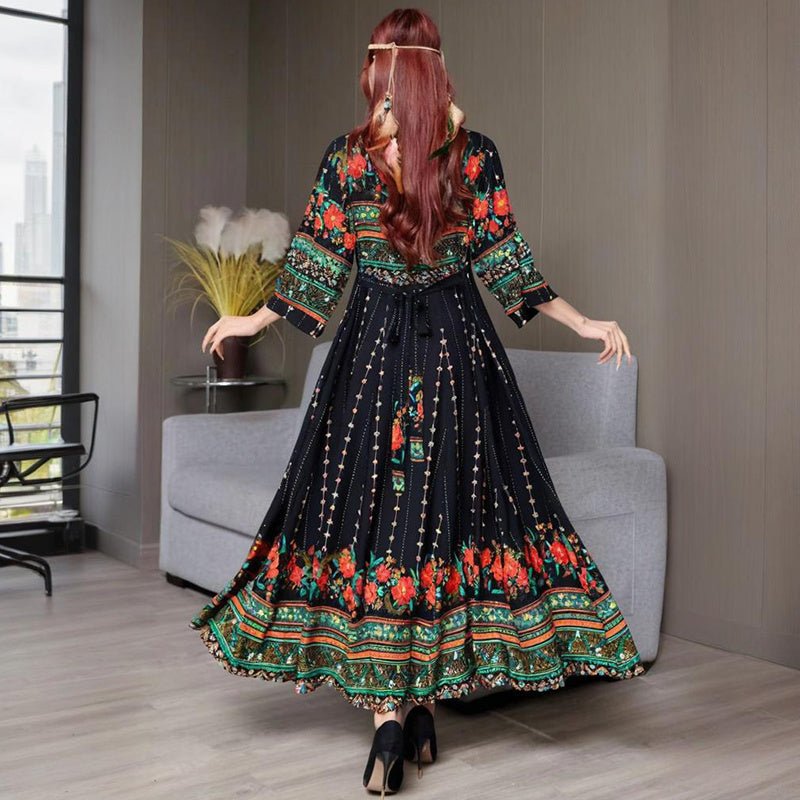 Women's Ethnic Style V - Neck Long Sleeve Dress - Embroidered Floral Pattern A - Line Maxi Dress With Printed - PratSN