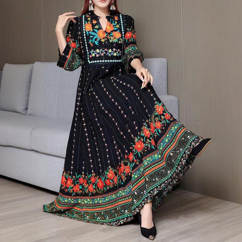 Women's Ethnic Style V - Neck Long Sleeve Dress - Embroidered Floral Pattern A - Line Maxi Dress With Printed - PratSN