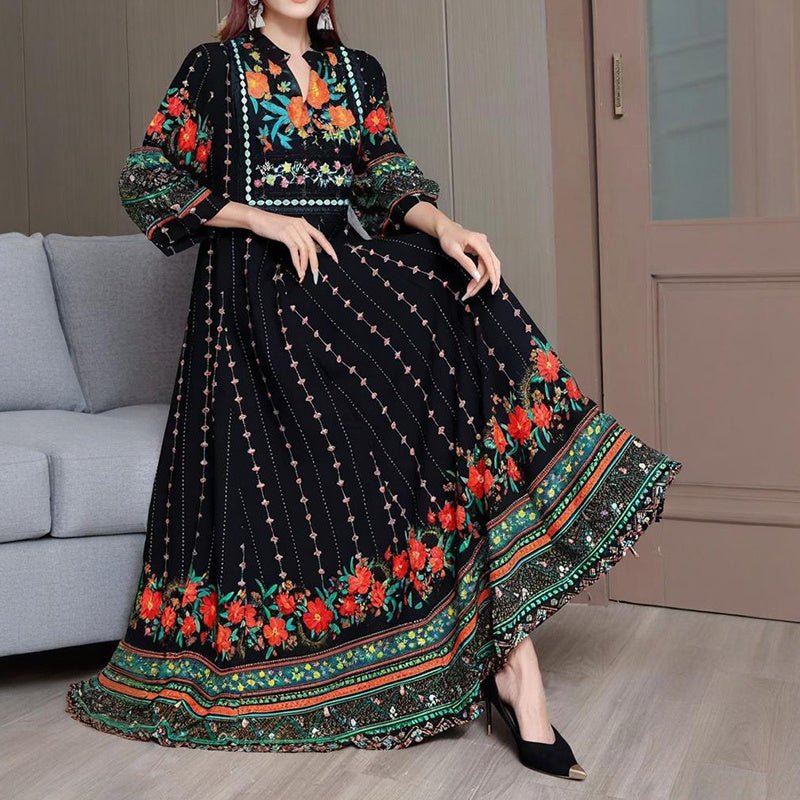 Women's Ethnic Style V - Neck Long Sleeve Dress - Embroidered Floral Pattern A - Line Maxi Dress With Printed - PratSN
