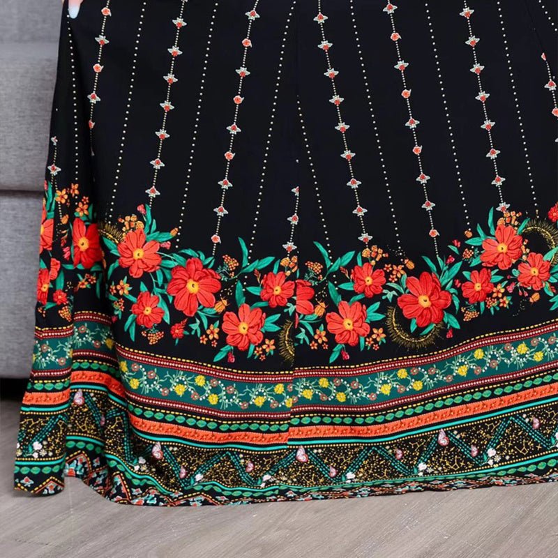 Women's Ethnic Style V - Neck Long Sleeve Dress - Embroidered Floral Pattern A - Line Maxi Dress With Printed - PratSN