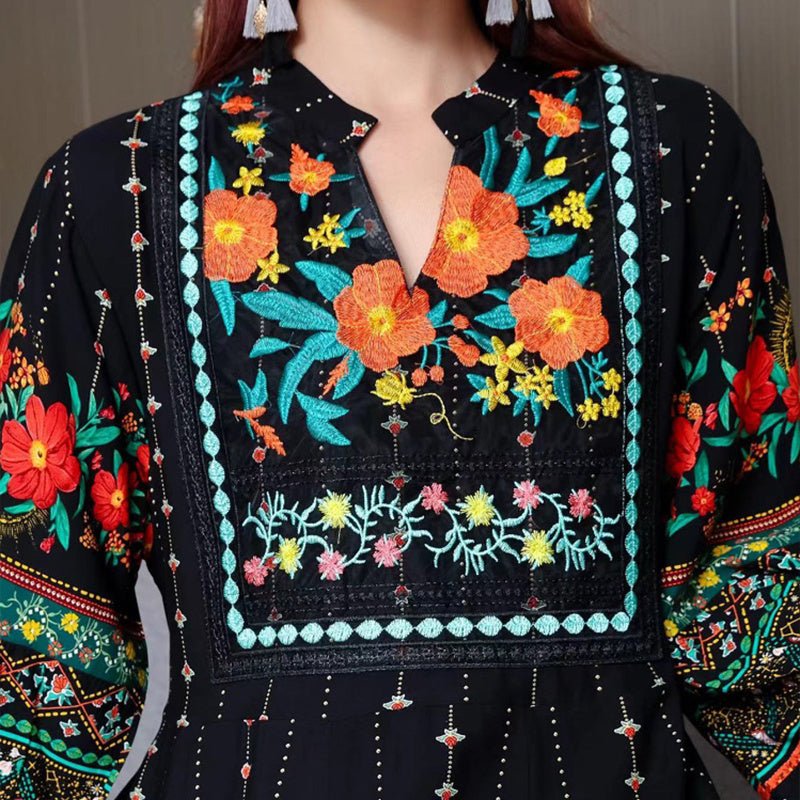 Women's Ethnic Style V - Neck Long Sleeve Dress - Embroidered Floral Pattern A - Line Maxi Dress With Printed - PratSN