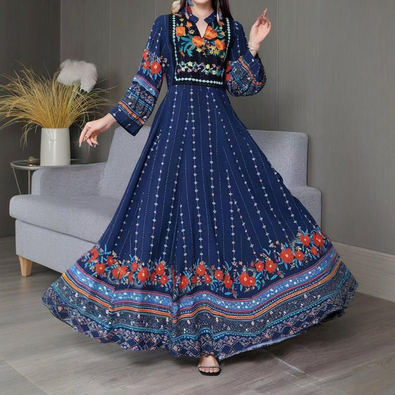 Women's Ethnic Style V - Neck Long Sleeve Dress - Embroidered Floral Pattern A - Line Maxi Dress With Printed - PratSN